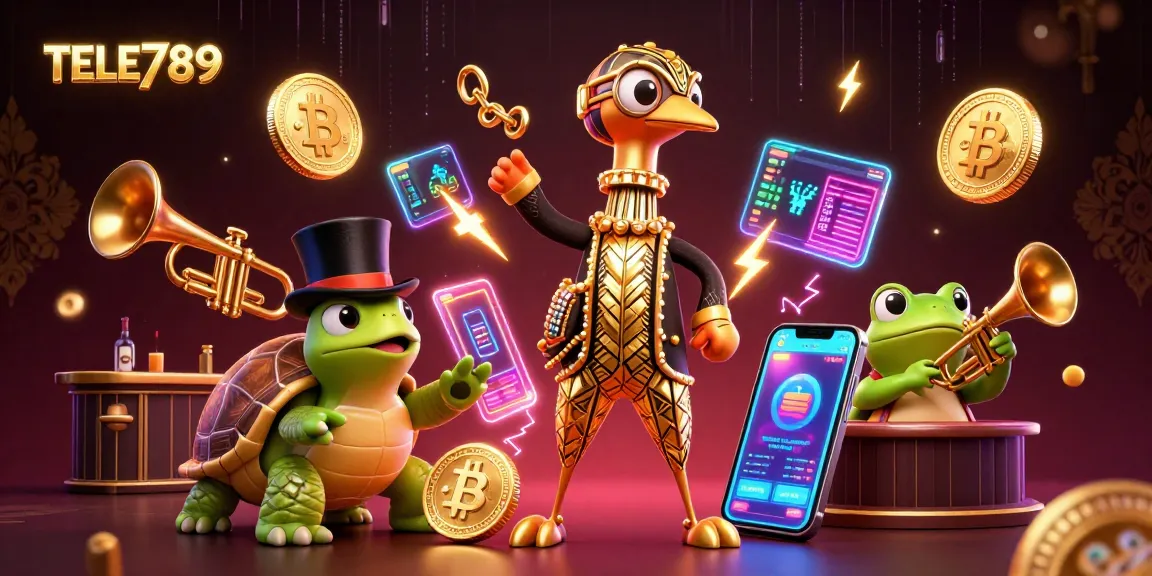 TELE789 showcases exciting online casino fun with cartoon characters and glowing crypto elements