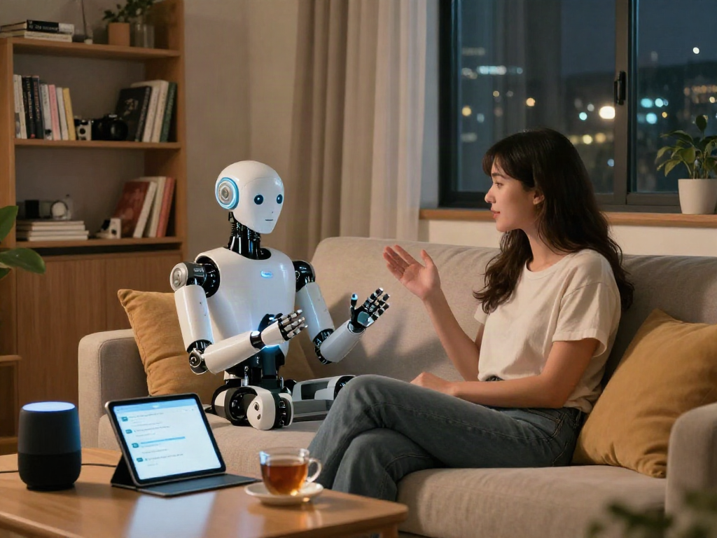 Engaging conversation with an AI girlfriend in a cozy living room setting.
