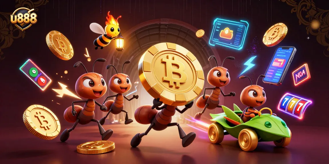 u888 casino heist scene with ants carrying golden poker chip & crypto coins