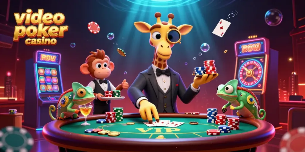 Engage in video poker casino excitement with a giraffe, monkey, and chameleon in a vibrant 3D scene.