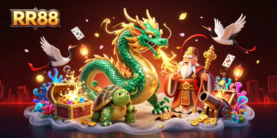 Experience thrilling wins at RR88 with a dynamic 3D illustration showcasing epic game elements.