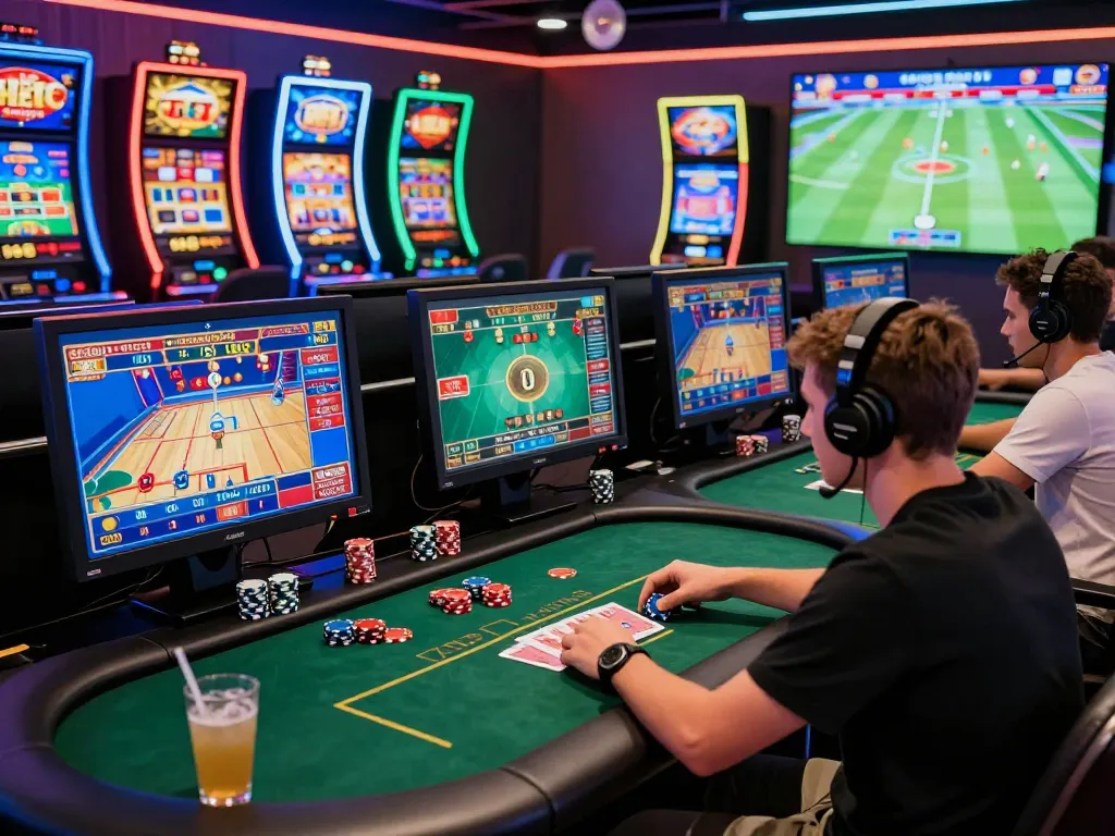 Hitclub online gaming scene with user engaging in poker and slots, vibrant colors and accessories enhancing the experience.