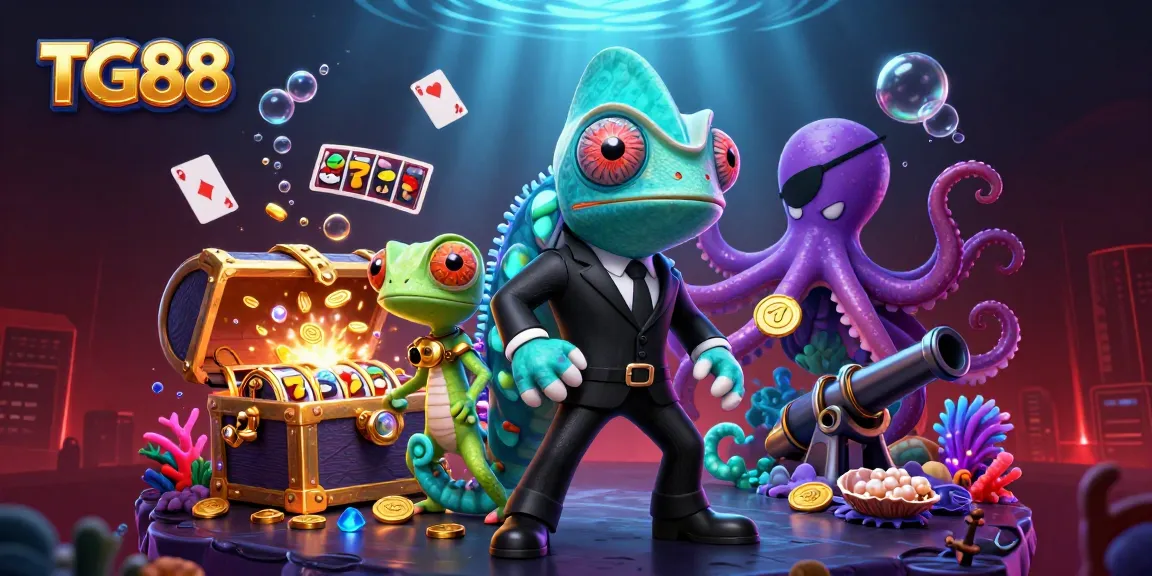 Experience the excitement of TG88 with a vibrant casino scene featuring a chameleon, gecko, and octopus surrounded by slots.