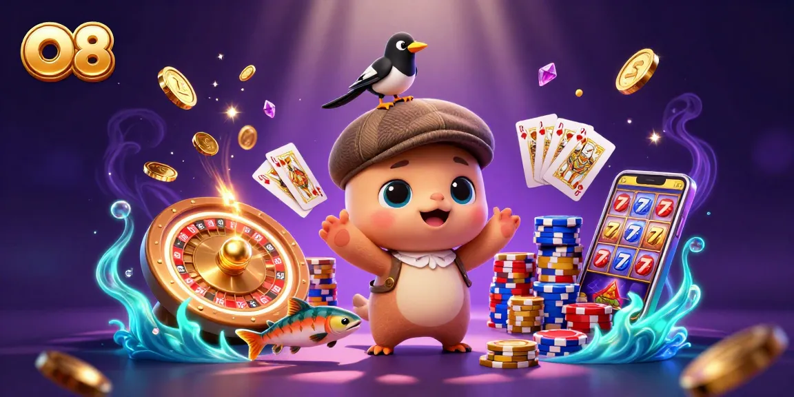 Engage in thrilling gameplay at O8, featuring cute characters and vibrant casino elements.