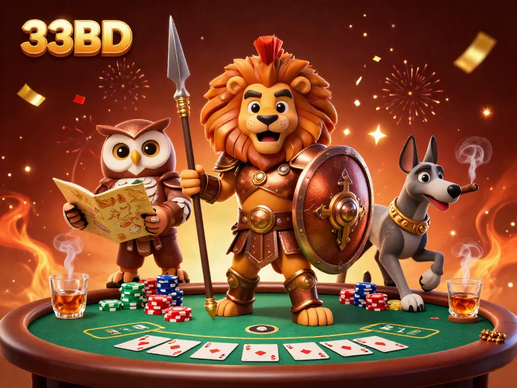 Engage in thrilling card games at 33BD, featuring a heroic Spartan lion, owl strategist, and speedy greyhound