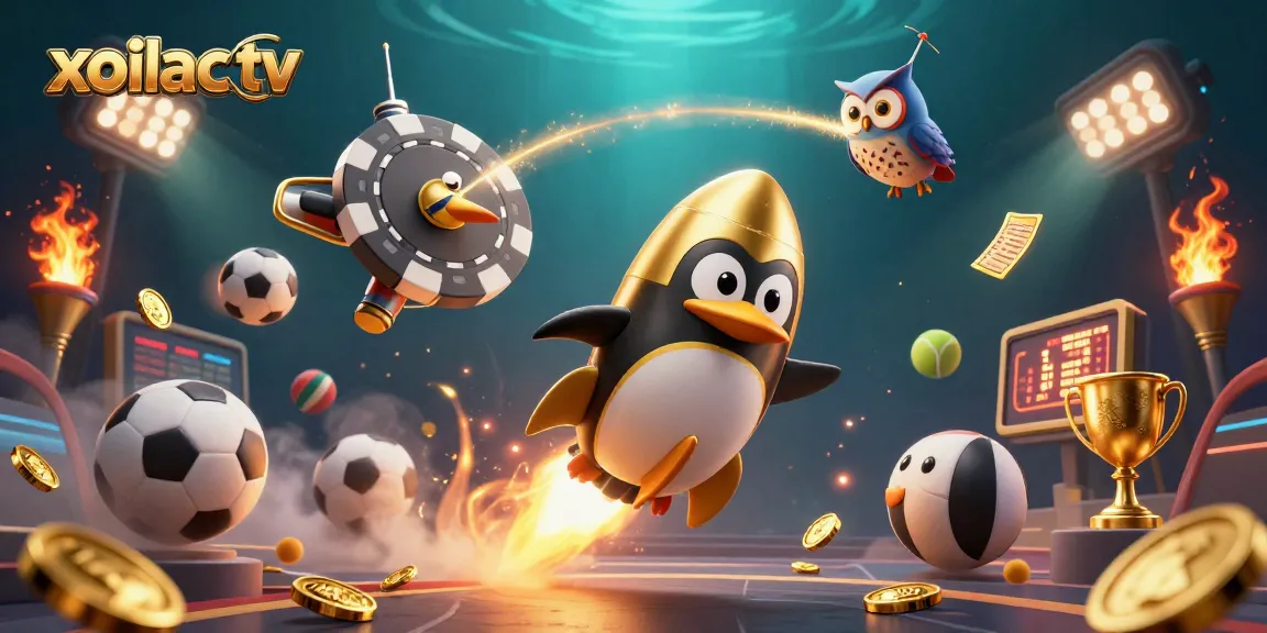 Experience the excitement of xoilac tv with a golden penguin racing toward a casino in space