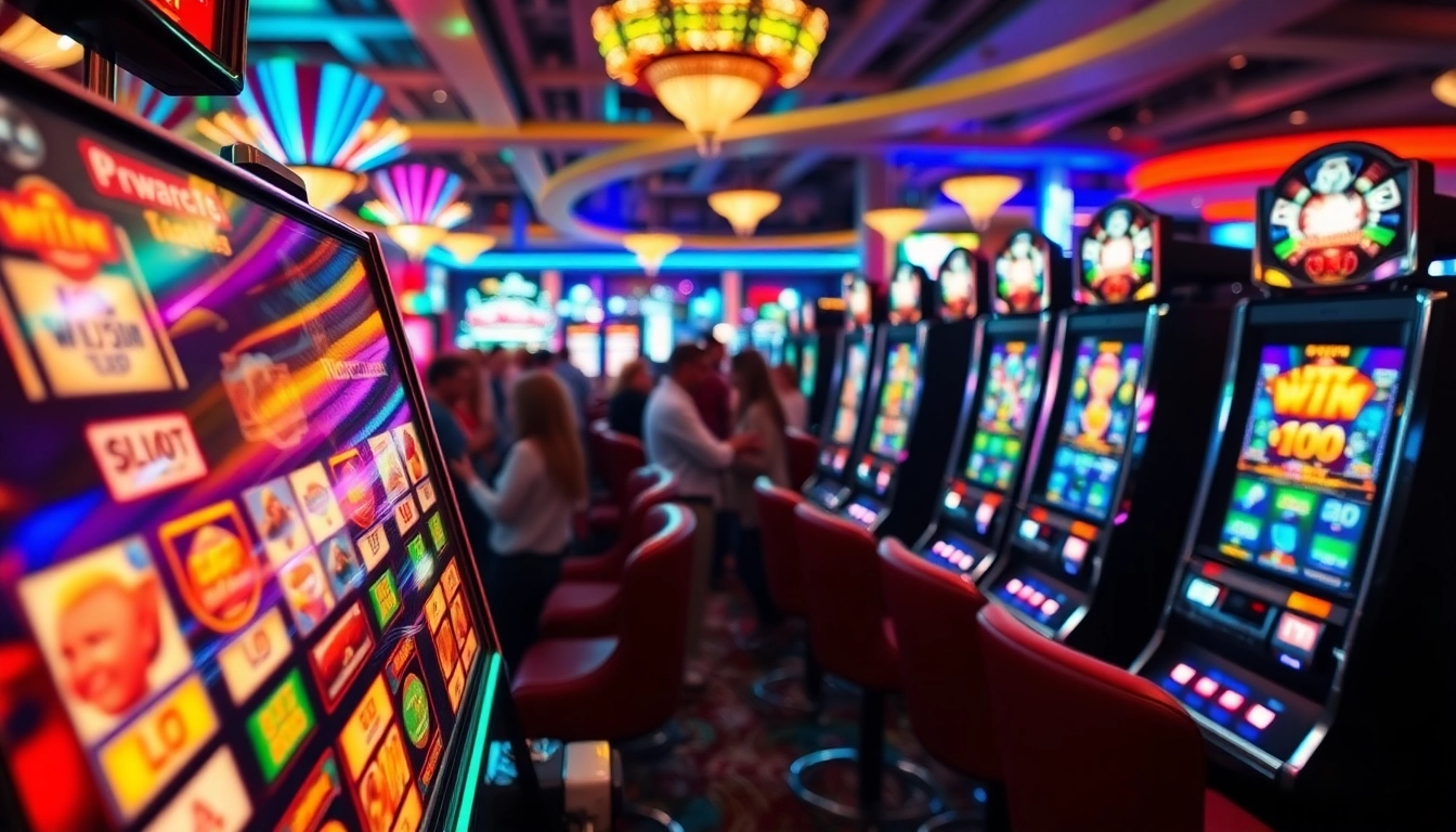 Menangkan permainan Slot Dana dengan mesin slot berwarna cerah di kasino yang ramai.