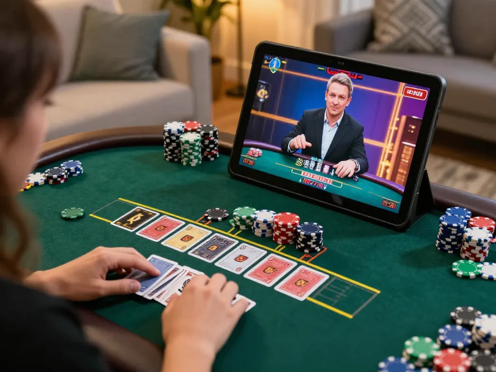 Bong88 player engaging in an exciting online blackjack game on a tablet in a stylish home.