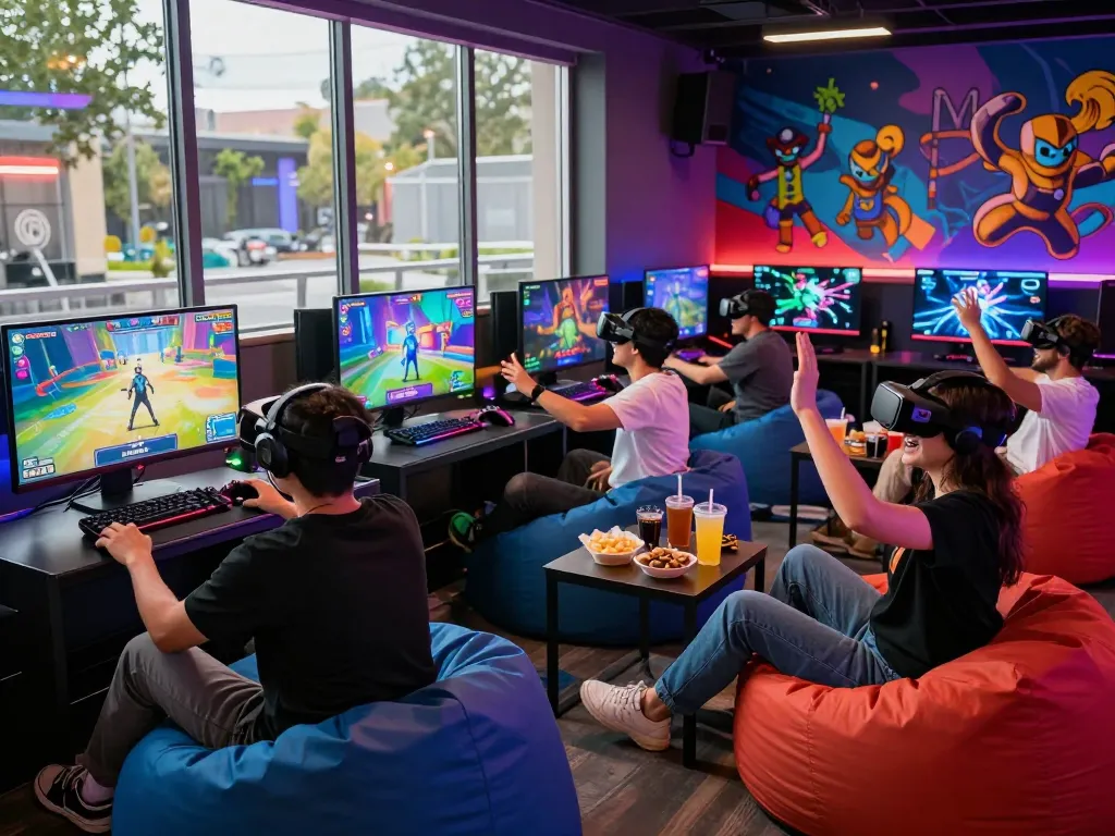 Engaged players enjoying interactive porn games in a vibrant gaming lounge setting