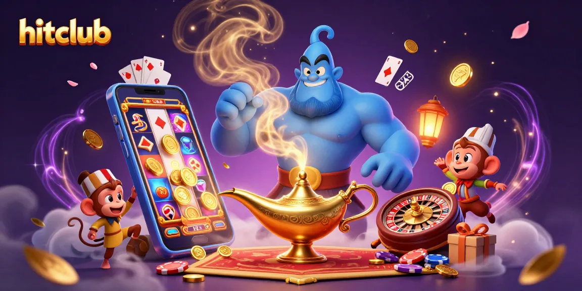 Experience hitclub’s vibrant gambling world with a blue genie, poker chips, and lively slot games.