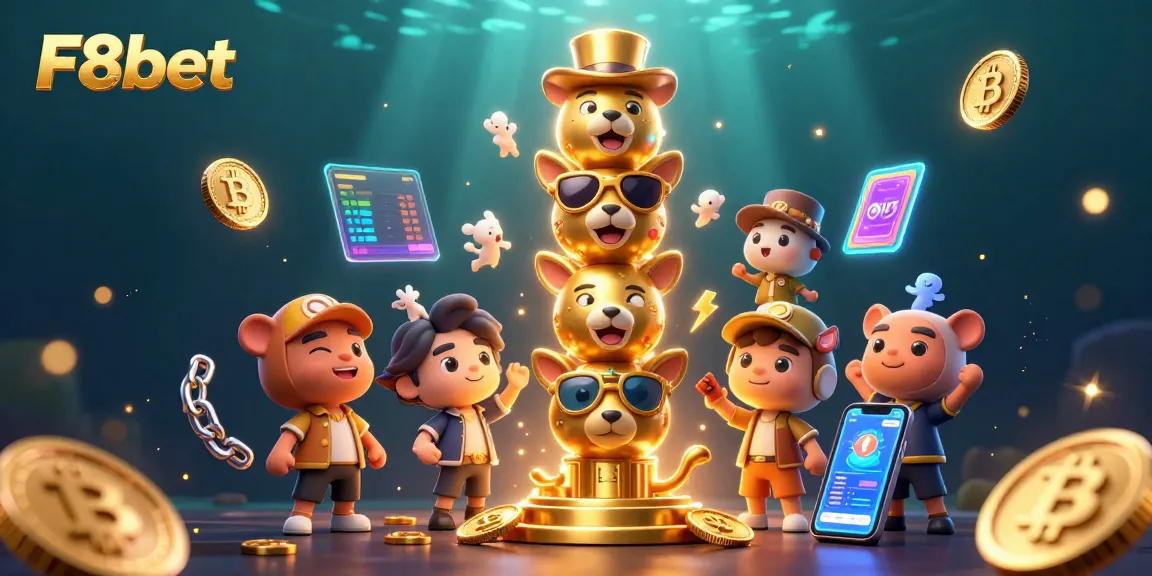 Engage in thrilling games at F8bet with dynamic gameplay elements surrounding a vibrant totem and glowing crypto coins.