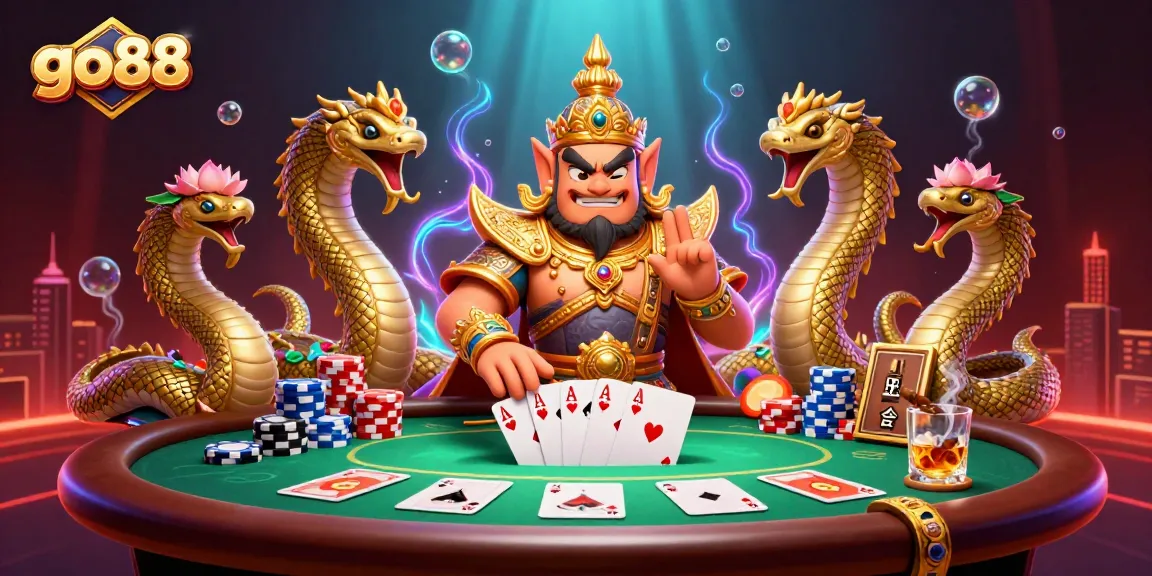 Engage in thrilling gameplay with go88 at a vibrant poker table surrounded by dynamic characters and rich casino elements.
