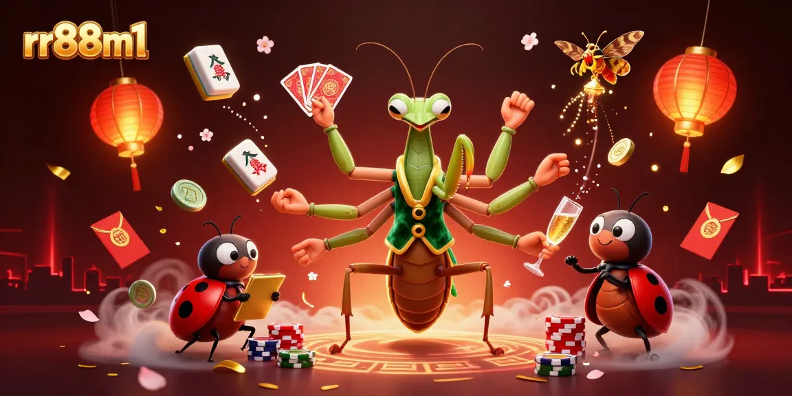 rr88m1 showcases an exciting scene of a cartoon giant mantis dealing cards, enhancing casino thrills.