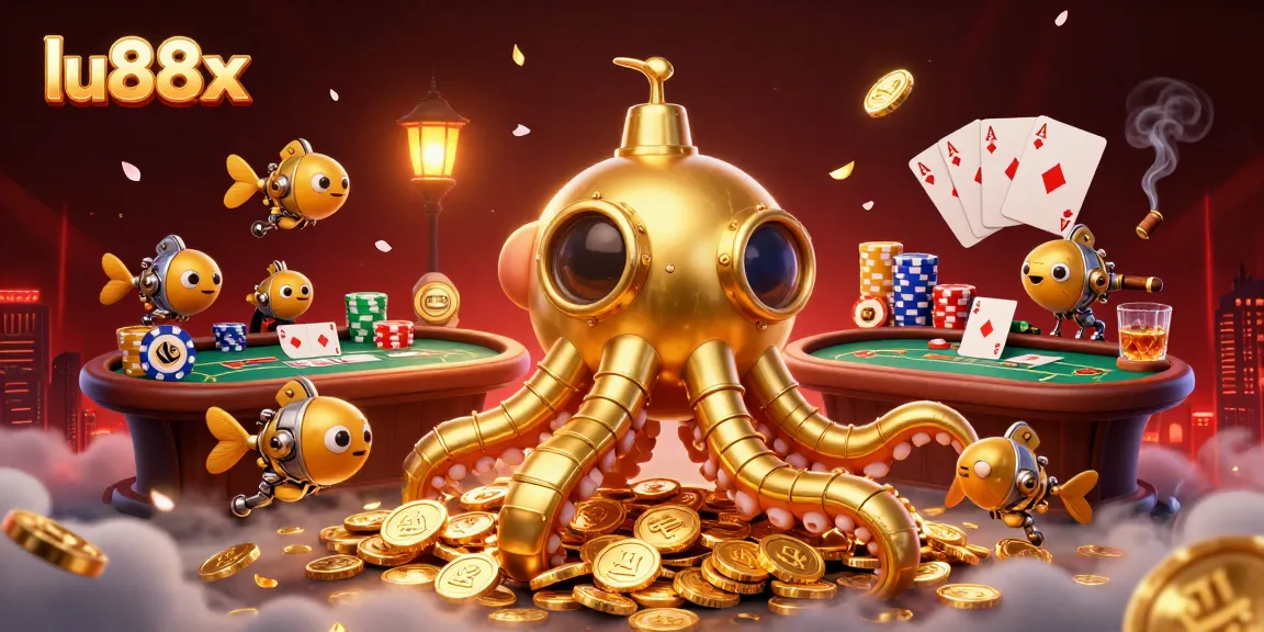Engage with lu88x at a vibrant casino showcasing a golden kraken submarine and poker action.