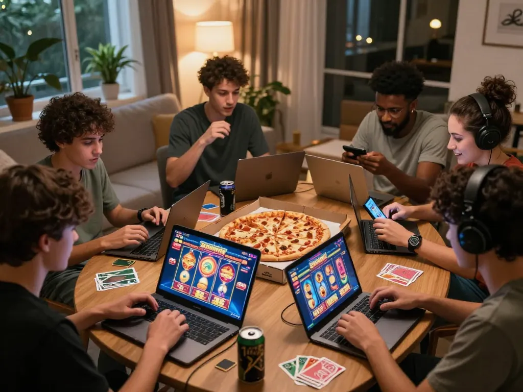 Players enjoying the Sunwin online gaming platform with laptops and snacks in a cozy living room.