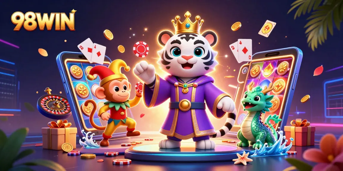Experience the thrill of 98WIN with a lively 3D illustration showcasing casino games and character interactions.