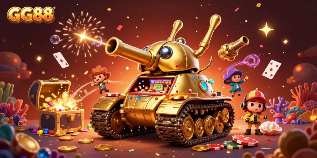 Experience the thrill of GG88 with a vibrant casino illustration showcasing a golden beetle tank revealing a miniature casino.