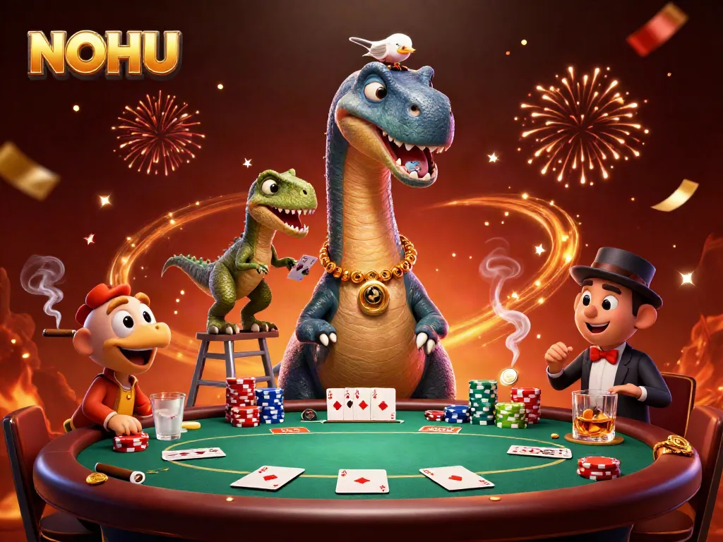 Experience thrilling poker action at NOHU with towering characters and vibrant casino elements.