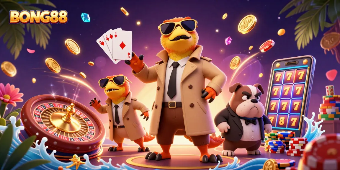 BONG88 showcases playful cartoon raptors entering a VIP casino, surrounded by dazzling game elements and golden coins.