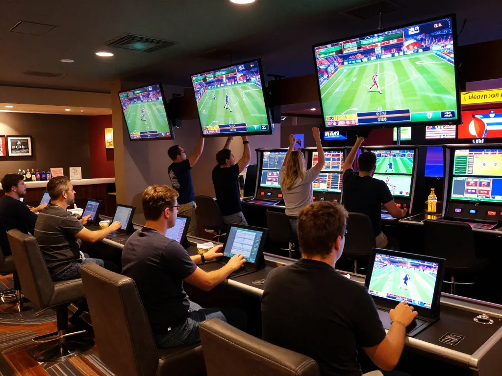 THABET bettors engaging with live sports screens while placing strategic bets