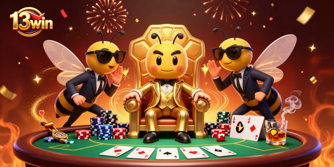 Engage with 13win's vibrant online casino scene featuring an animated bumblebee mob boss at a poker table surrounded by excitement.