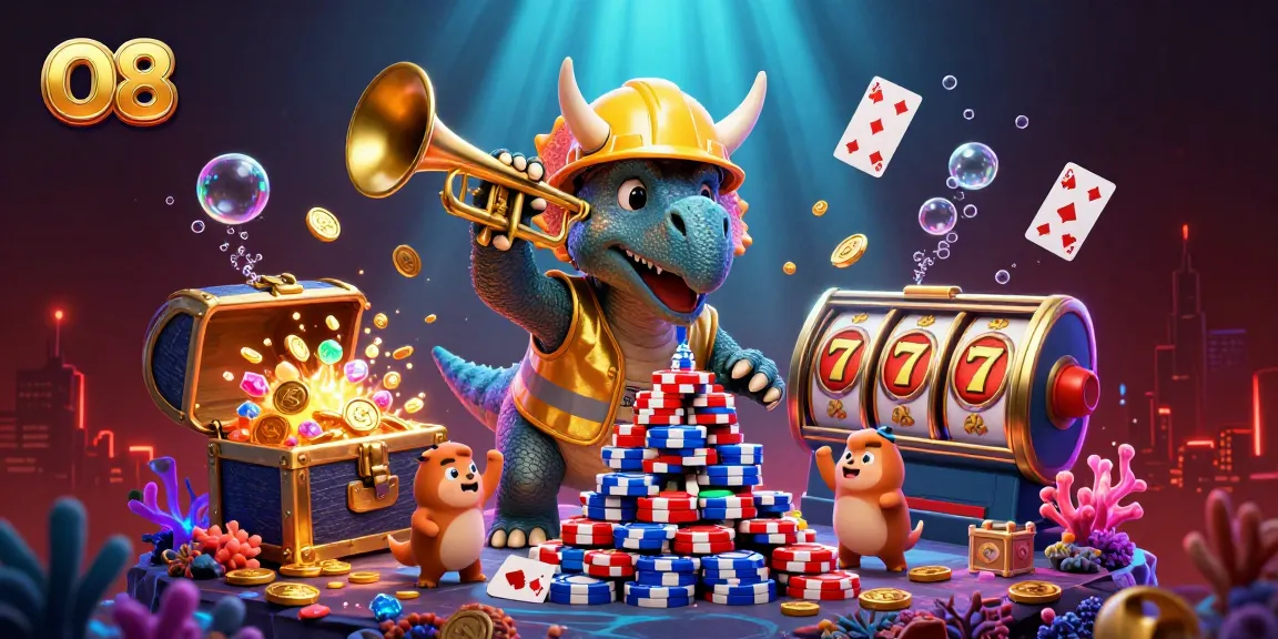 Celebrate wins at O8 with vibrant, playful casino-themed illustration featuring dynamic games and cheerful characters.