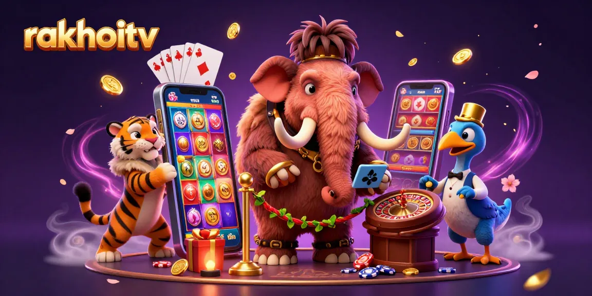 Experience excitement at rakhoitv with a vibrant 3D illustration of casino characters and gaming elements.