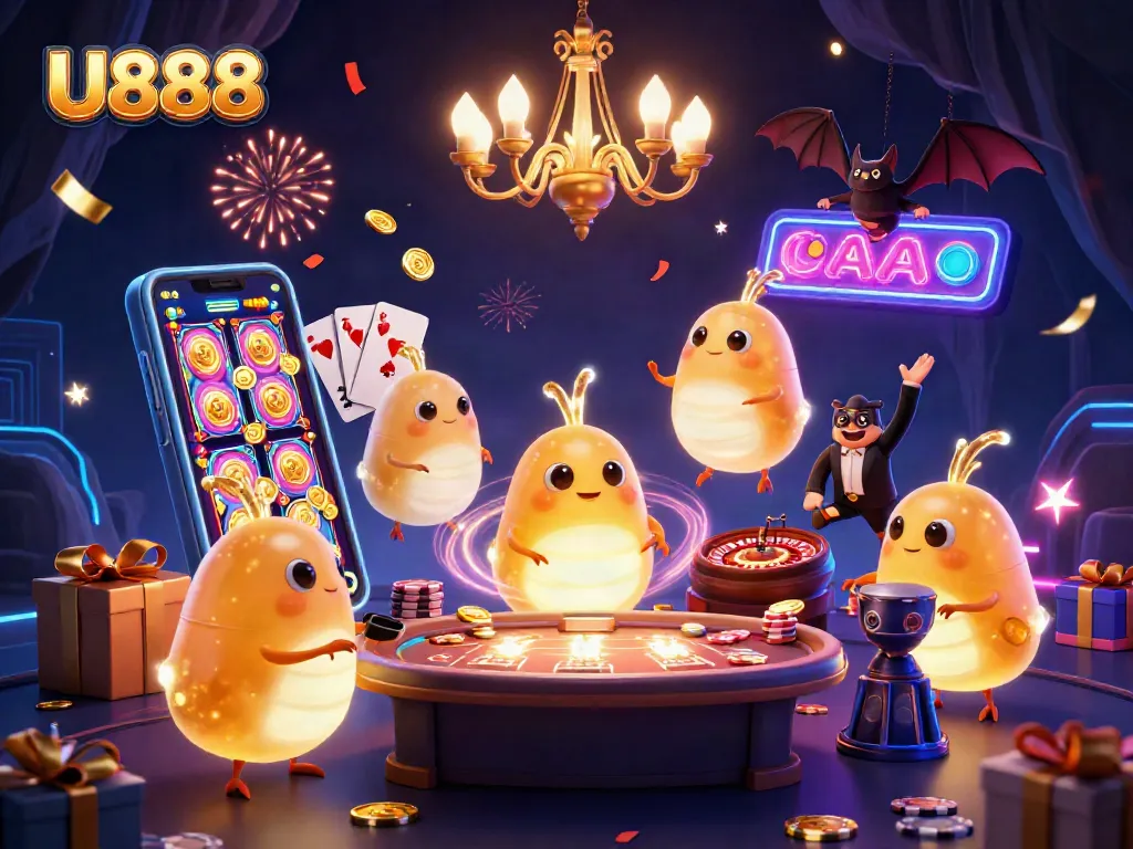 Experience the excitement of U888 with a vibrant 3D illustration of a glowing casino scene filled with games and celebration.