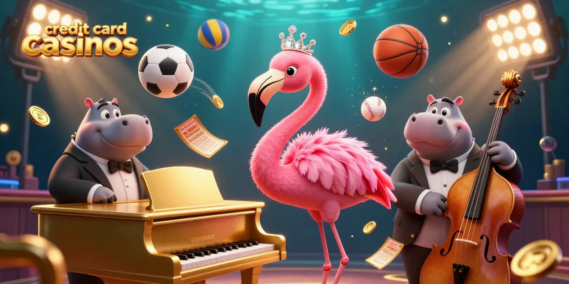 Engage with credit card casinos featuring a flamingo singer and hippo bassist in a vibrant casino scene.