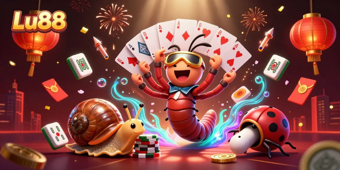 Lu88's vibrant casino scene depicts a millipede dealer and high-rolling players with chips.