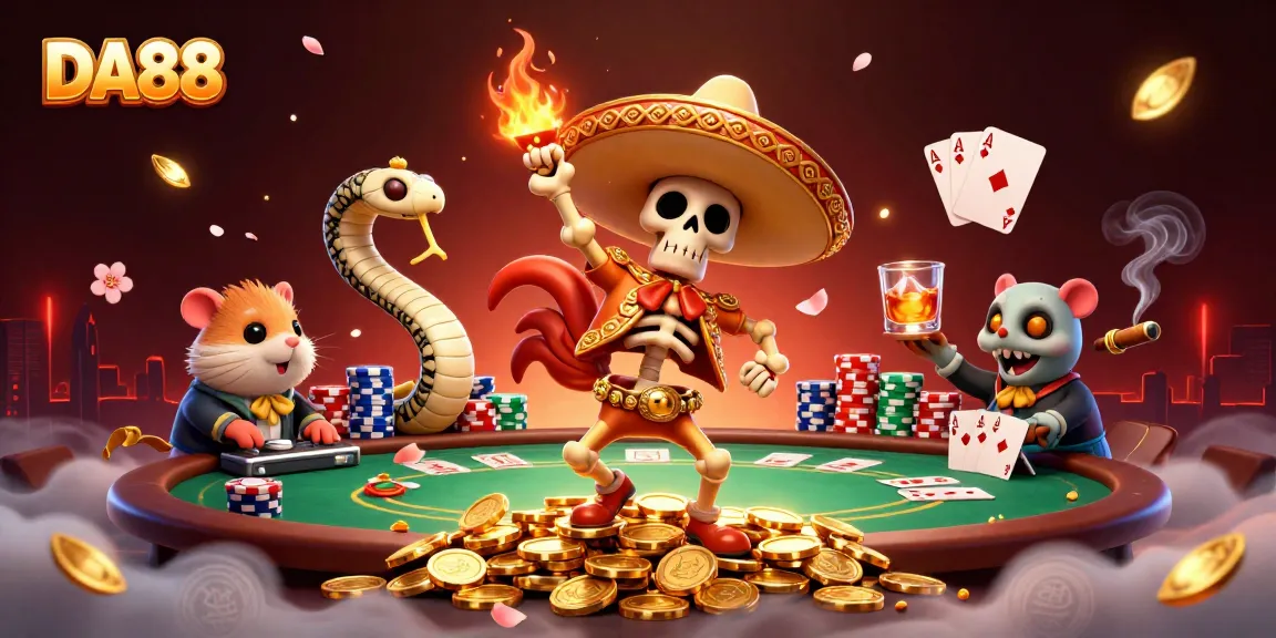 Engaging scene of DA88 with casino elements, featuring a cartoon skeleton mariachi celebrating on golden coins.