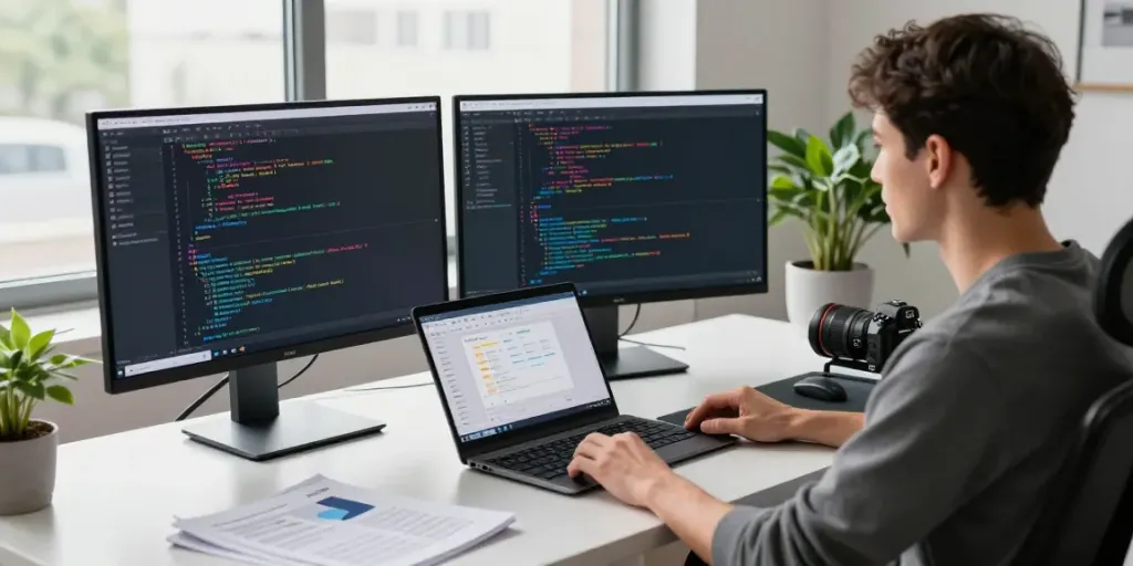 Developer focused on instant indexing tasks at a modern tech workspace with dual monitors