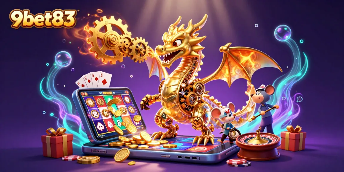 Engage with exciting games at 9bet83, featuring a vibrant casino-themed 3D illustration.