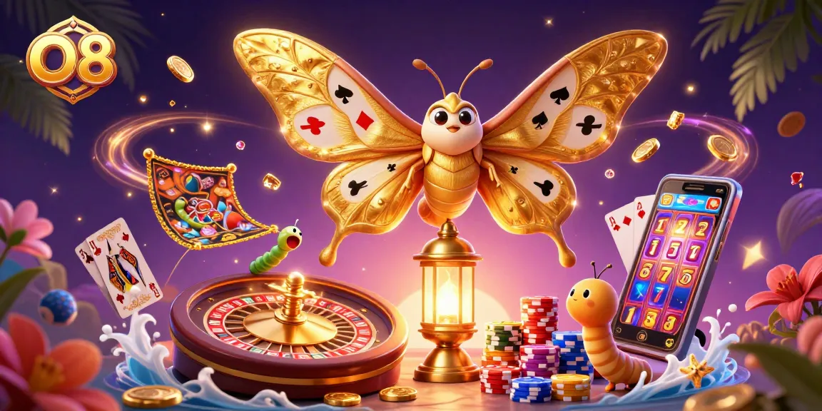 Participate in thrilling games at O8 with a vibrant illustration showcasing a casino scene