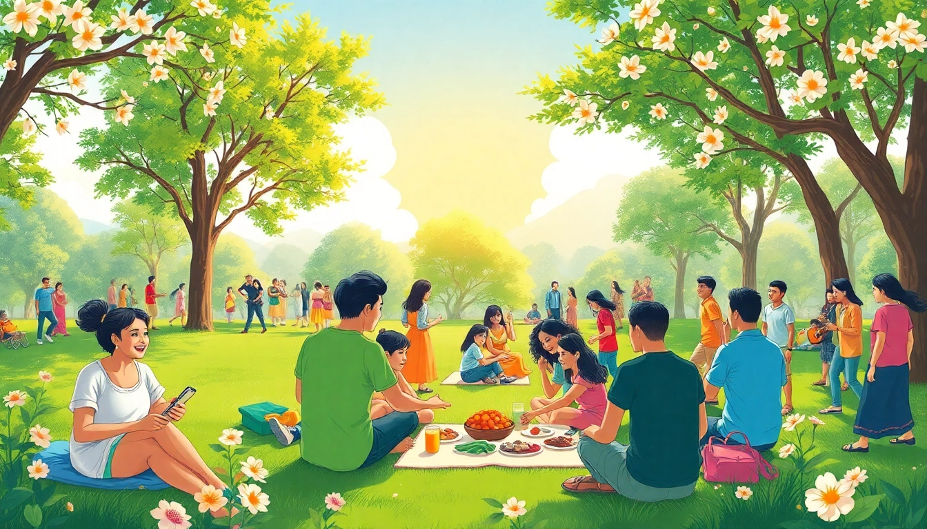 Community enjoying outdoor activities under the warm sun, highlighting nangcuc lifestyle.
