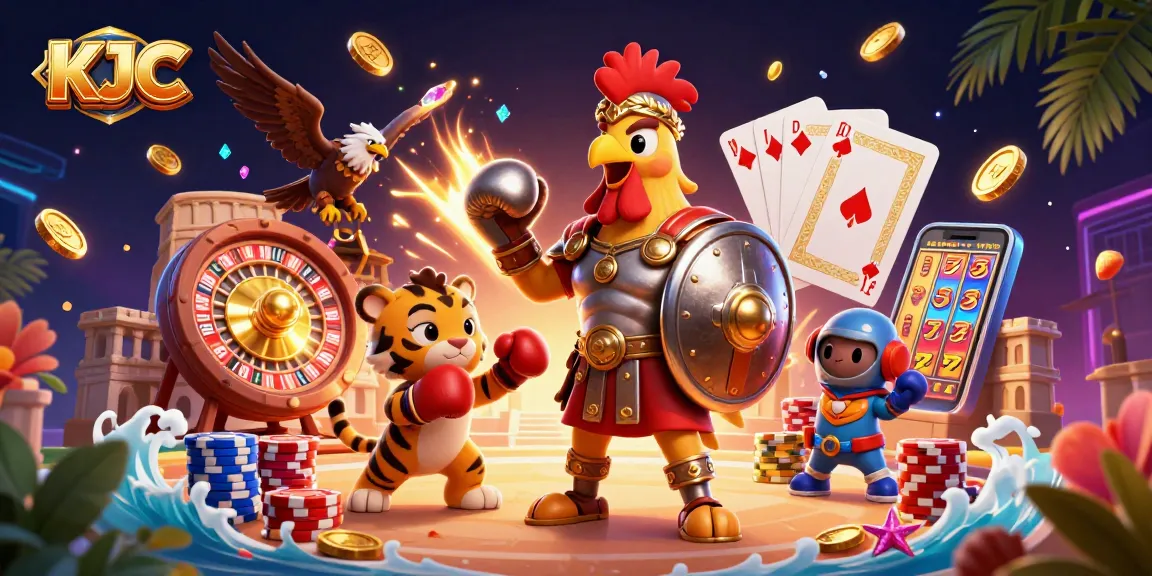 Experience KJC’s thrilling casino atmosphere with golden coins, colorful poker chips, and dynamic gameplay elements.