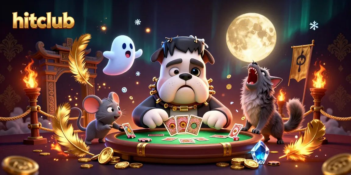 Hitclub: Experience thrilling gameplay with the bulldog monster dealing cards in an energetic casino atmosphere.