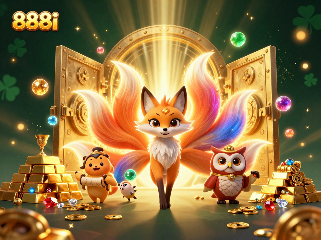 Experience the magical realm of 888i with colorful spirits and treasures bursting from a golden vault.