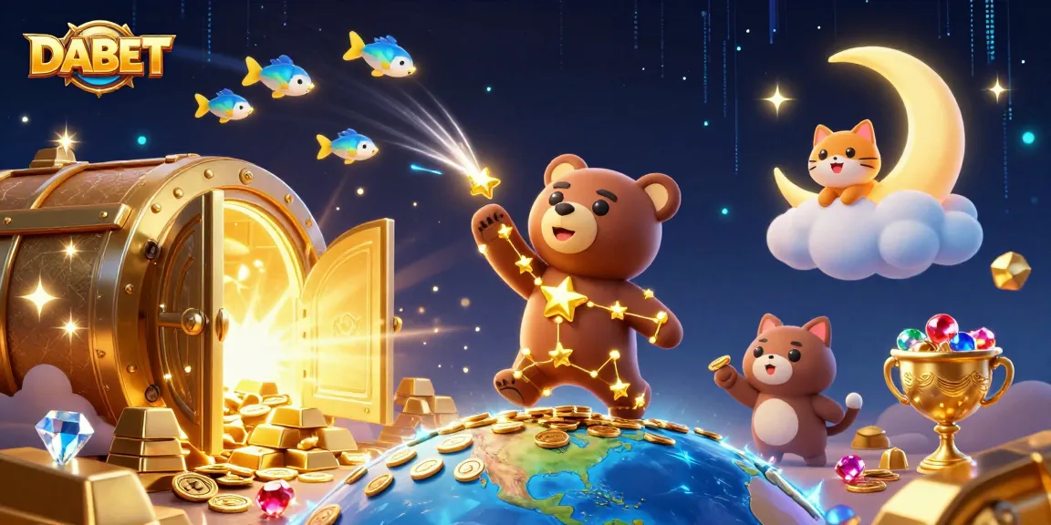 DABET players interact with a vibrant casino world filled with treasures, gold, and gaming excitement.