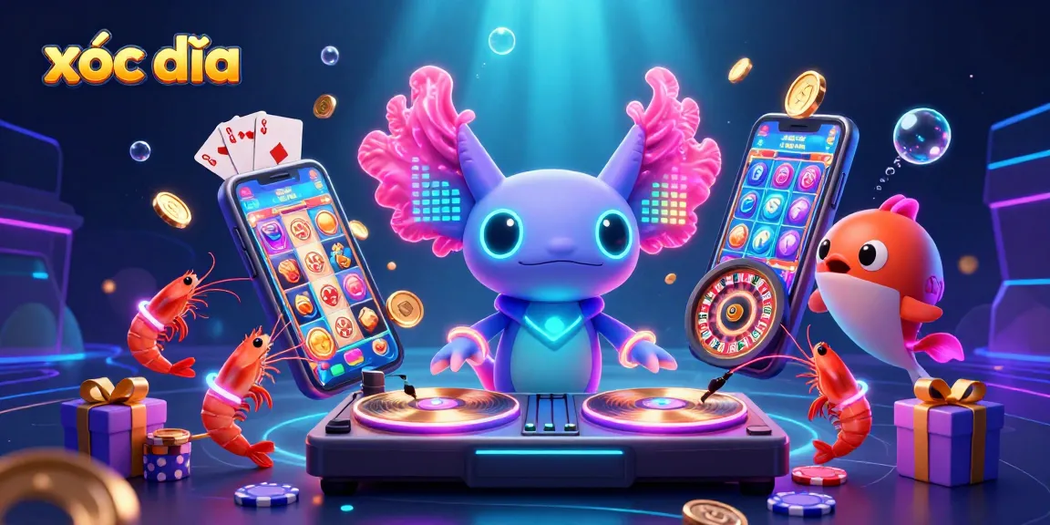 Xóc đĩa action featuring a vibrant axolotl DJ and interactive gaming elements in a lively underwater casino.