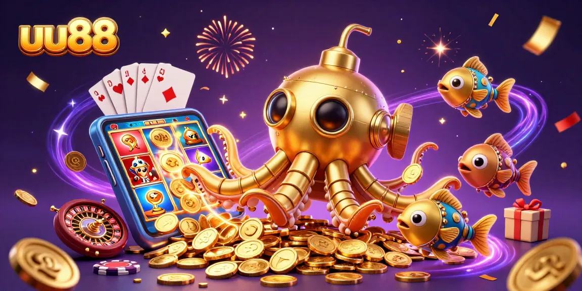 Engage in thrilling gameplay at uu88 with a vibrant 3D casino-themed illustration.