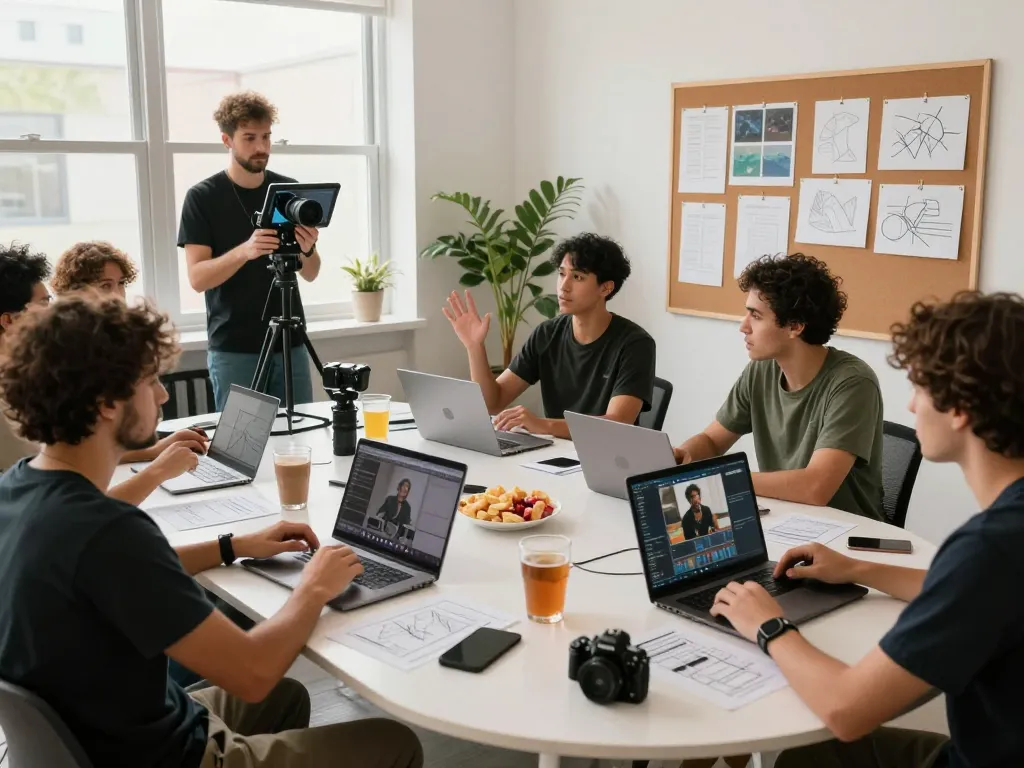 Filmmakers collaborating in a vibrant studio using Seedance 2.0 for video production.