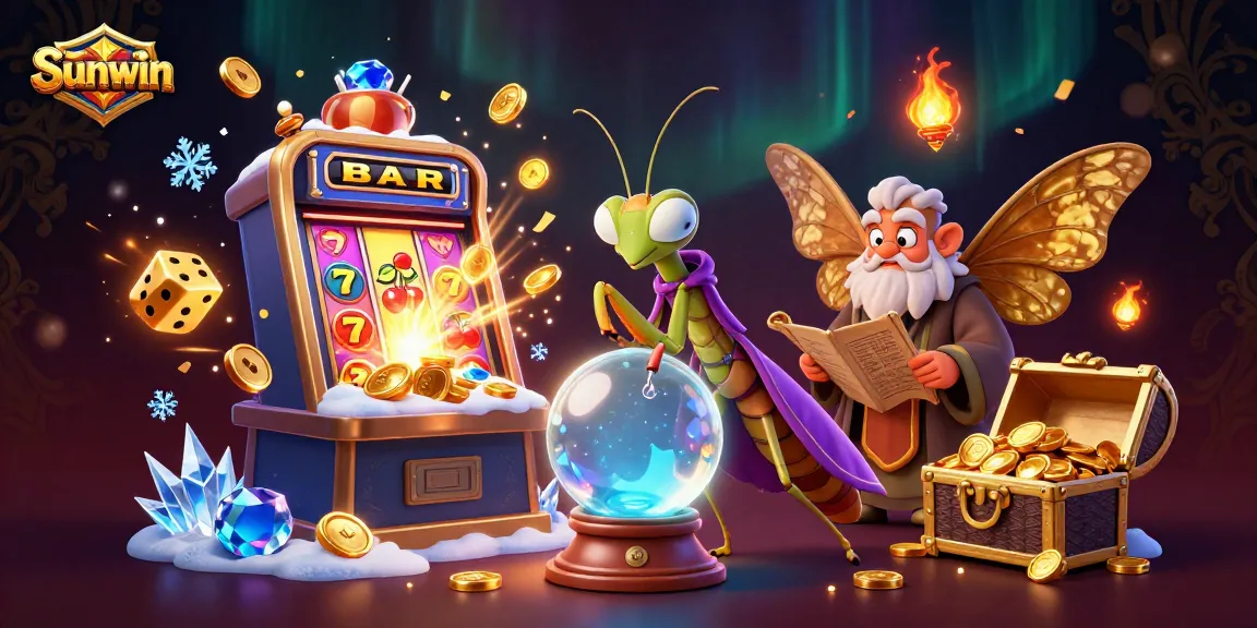 Sunwin players spin the slots and celebrate jackpots with colorful casino elements.