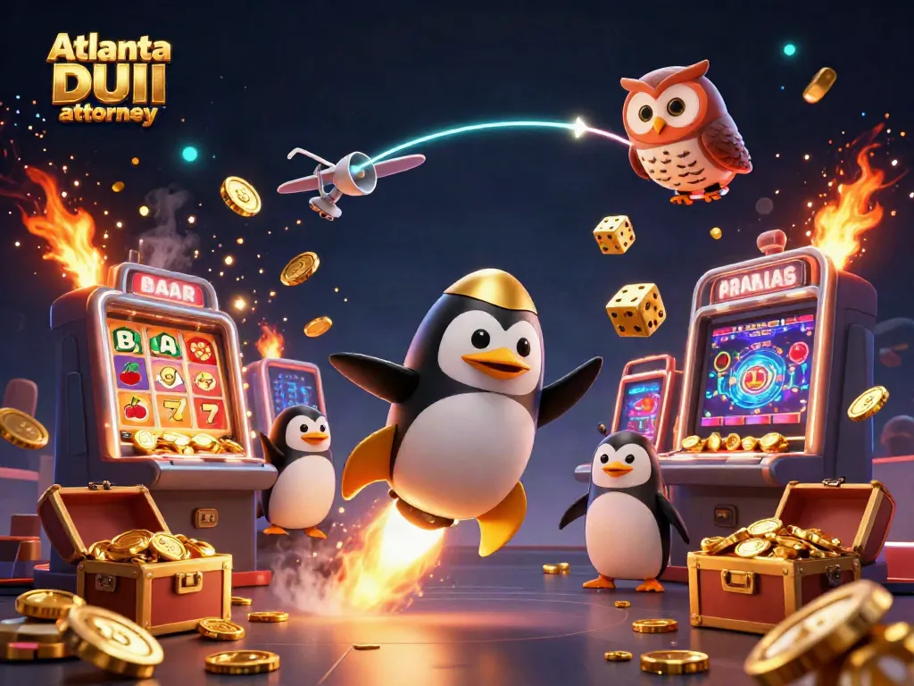 Action-packed illustration featuring an Atlanta DUI attorney's golden penguin and jackpot elements, dazzling coins everywhere.