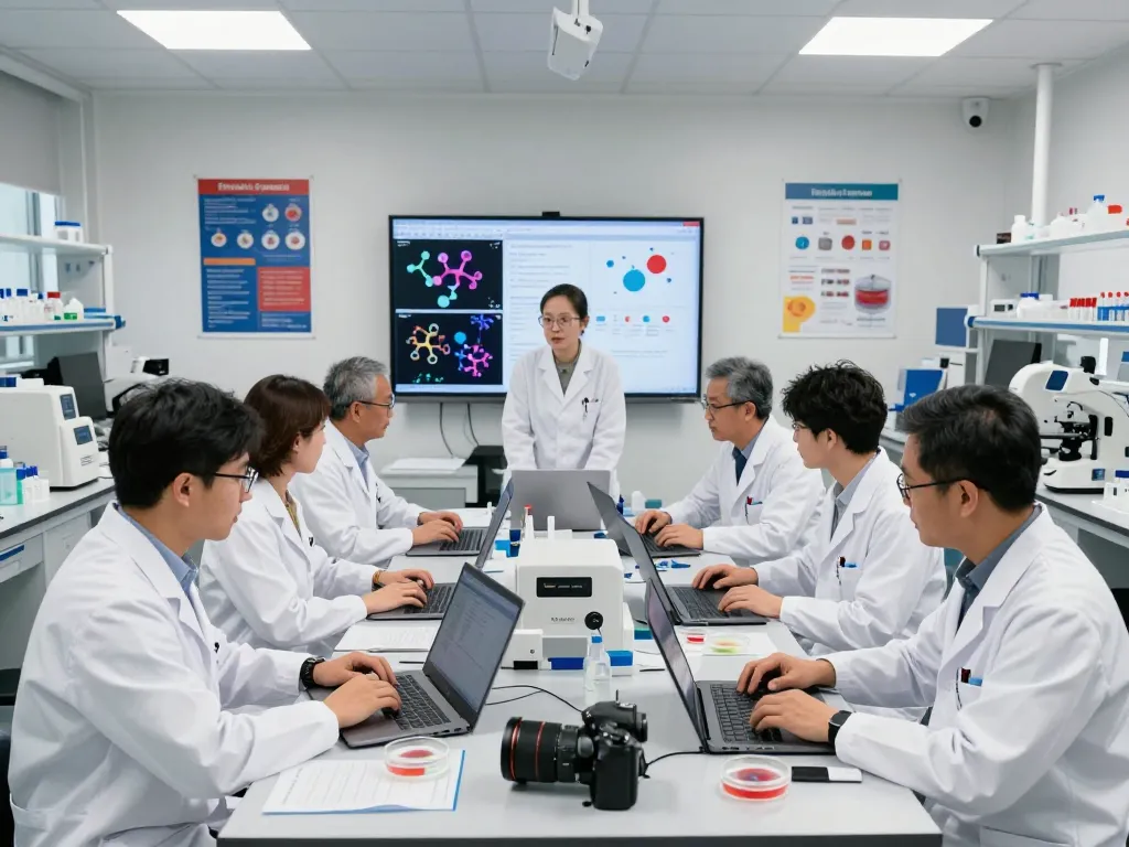 Team of scientists discussing mb66 film research in a bright lab.
