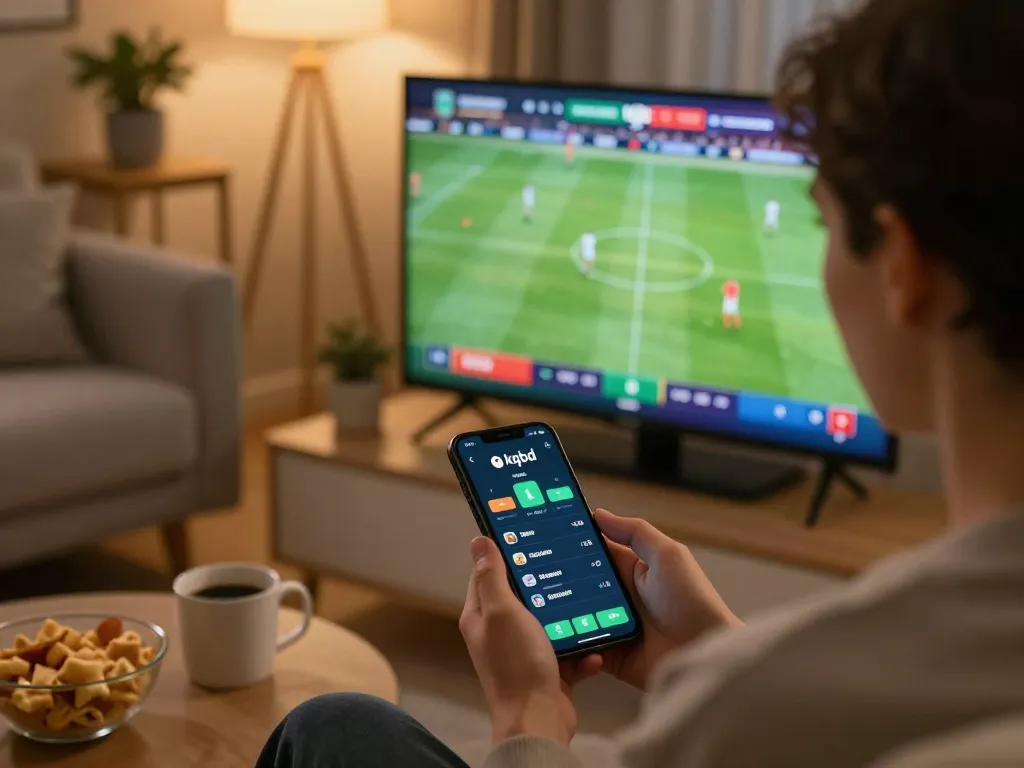 Kqbd home betting experience, person engaging with soccer scores and live odds on smartphone.