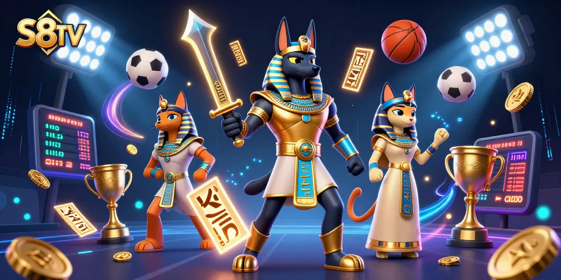 S8TV brings thrilling sports betting with Anubis warrior and glowing hieroglyphs in dynamic action