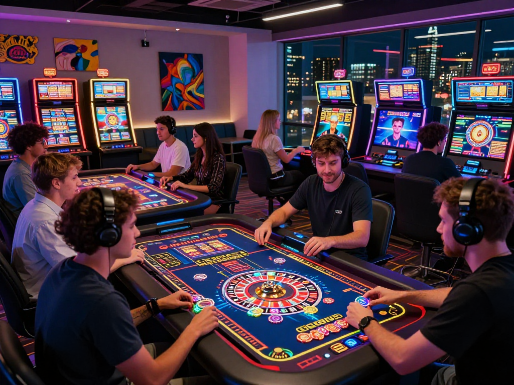 Players engaging in a crypto casino with digital slot machines and vibrant LED displays.