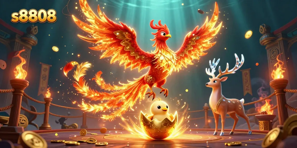Engage in thrilling gaming experiences with s8808 through a vibrant phoenix-themed casino illustration.