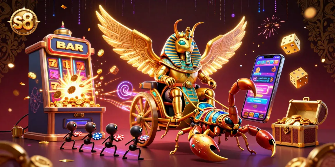 S8 players enjoy exhilarating jackpot moments with a golden scarab and casino elements.